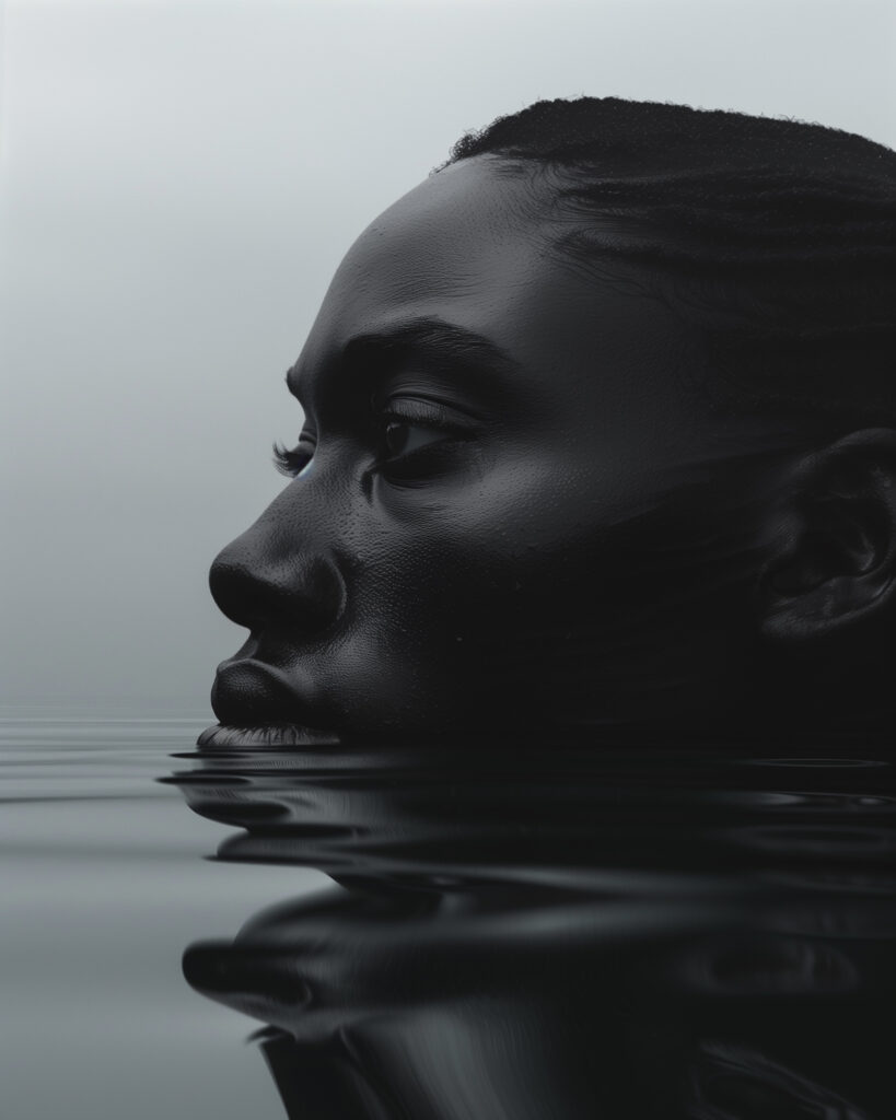 photorealistic profile closeup on face , a black silhouette is floating in the water, looking into camera in the style of afrofuturism, dark and moody still lifes, gabriel isak, benin art, chris leib, intense gaze, philip mckay, afrofuturism,