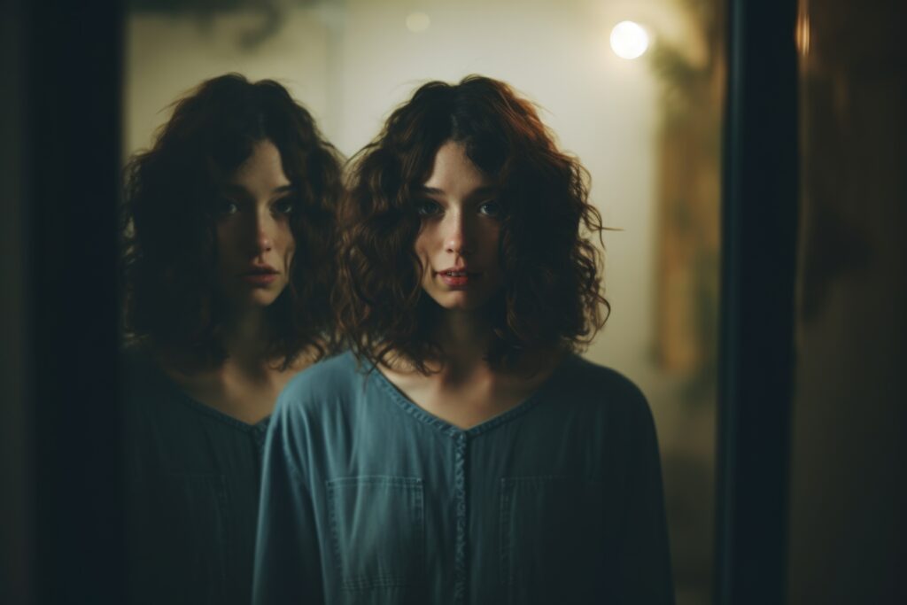 woman with tousled hair smiles at the camera but another relection of the same woman looks sad. image illustrates How to Let Go of the Past in a Relationship by Rewiring Your Brain