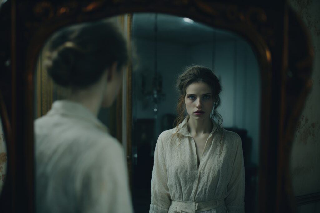 image of a dark haired woman looking pensively at the camera through the reflection of the mirror illustrating How to Let Go of the Past in a Relationship and Create a New Future