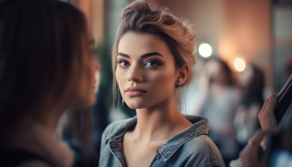 beautiful woman stares into a mirror looking at the camera. Young women in casual clothing smiling indoors generated by artificial intelligence illustrates How to Let Go of the Past in a Relationship by Changing Your Perspective