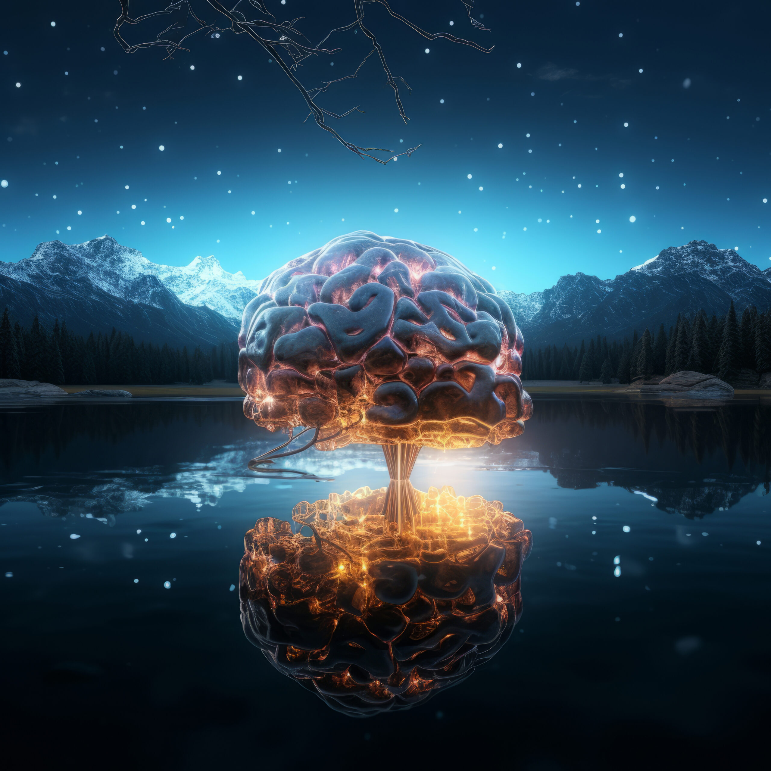 Surreal depiction of a brain glowing with vibrant colors, reflecting in a calm lake under a starry night sky, symbolizing the journey of self-awareness examples and personal transformation amidst nature.