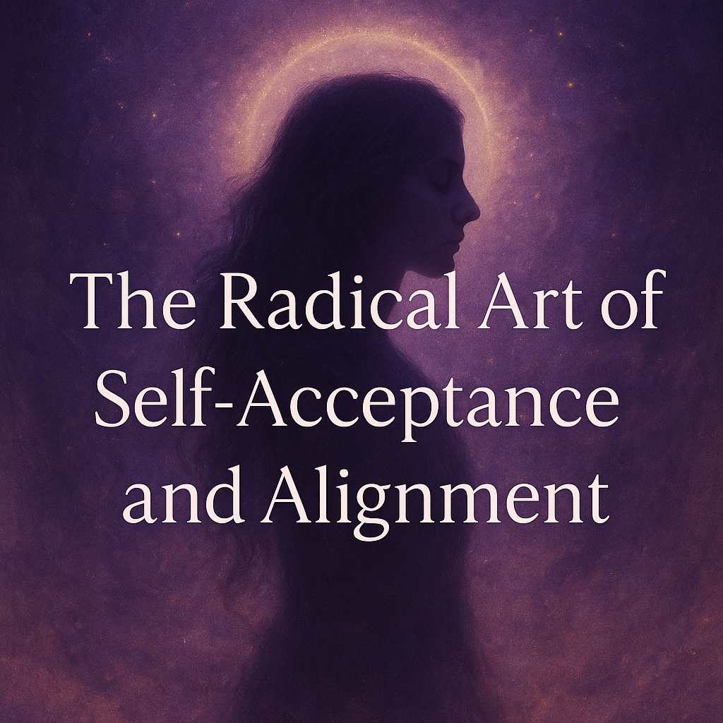 mystical digital artwork featuring a radiant feminine silhouette surrounded by soft violet and golden light, symbolising radical self acceptance, alignment, and spiritual harmony