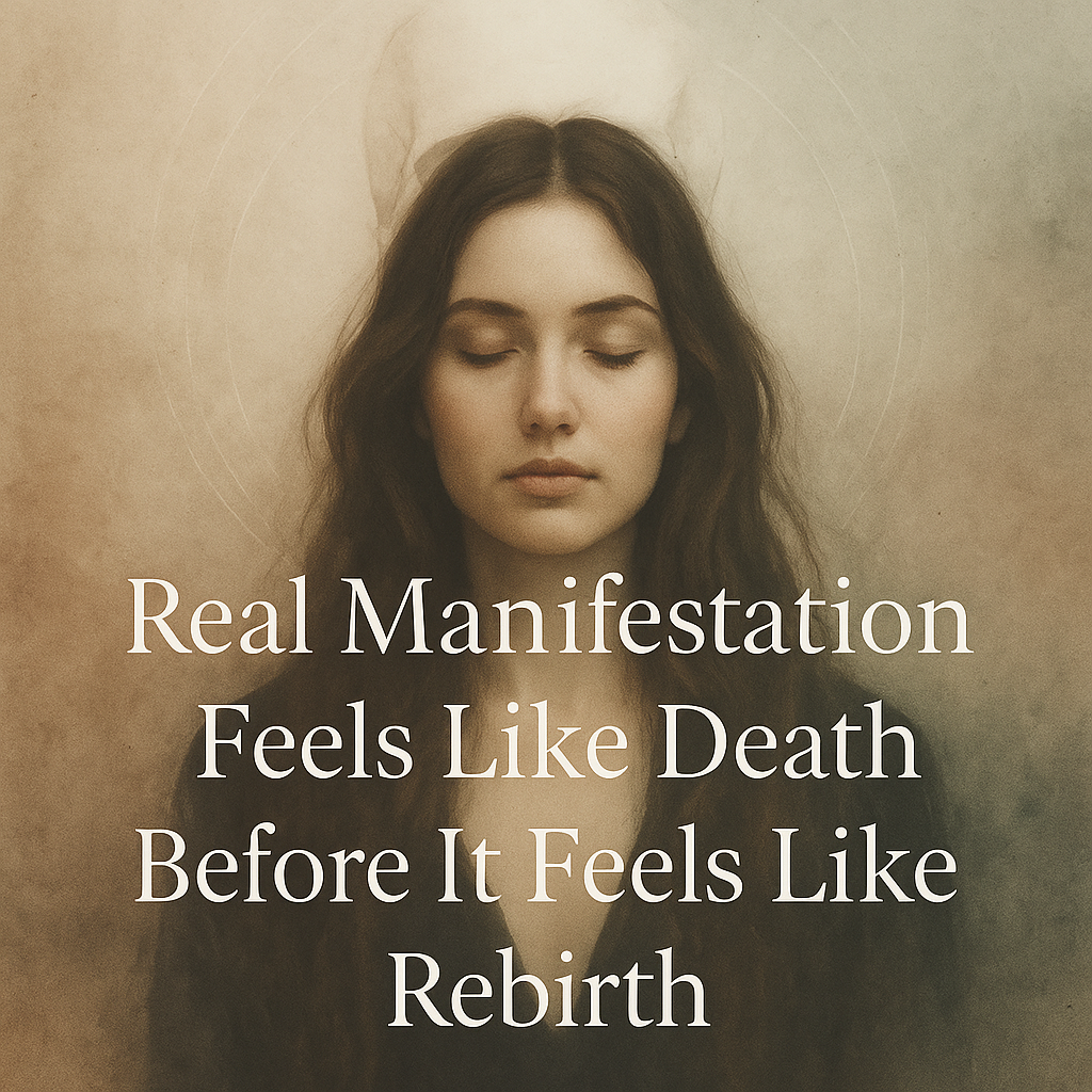 A mystical digital portrait of a woman with long dark hair and closed eyes, set against a soft, sepia-toned background with faint symbolic imagery of skulls and concentric circles. The overlaid text reads: “Real Manifestation Feels Like Death Before It Feels Like Rebirth,” evoking a sense of spiritual transformation and inner surrender.