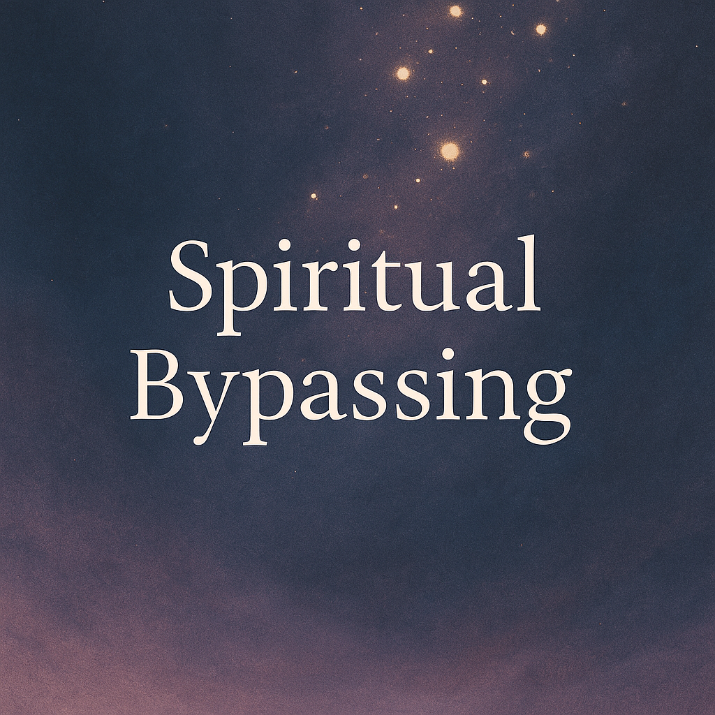 A celestial-themed digital image with a soft gradient background of dusky purples and blues, illuminated by scattered glowing stars. Centered white serif text reads “Spiritual Bypassing,” creating a calm, mystical, and contemplative atmosphere.