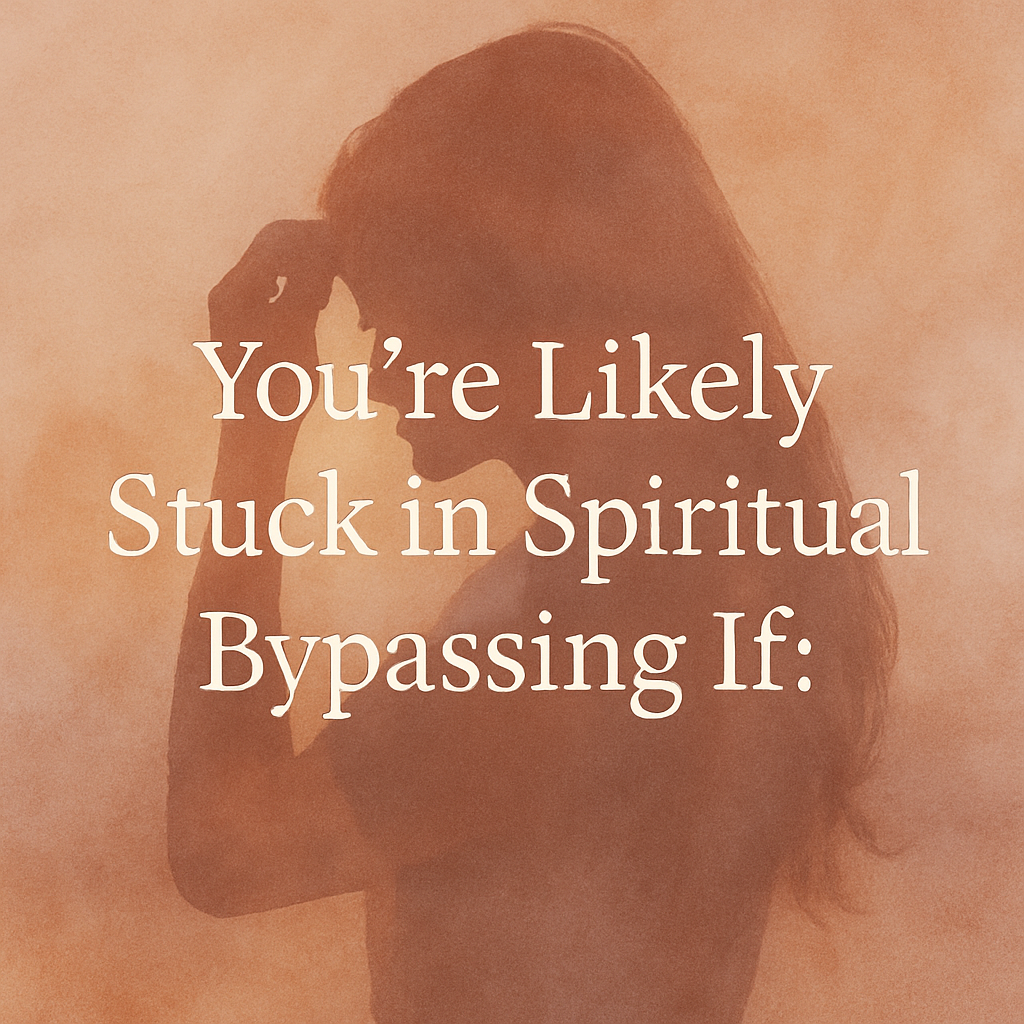 A digital illustration of a woman in profile, gently holding her forehead in a contemplative pose. The background features warm, earthy tones of peach and amber with soft texture. Overlaid text reads, “You’re Likely Stuck in Spiritual Bypassing If:” in serif font, evoking introspection and emotional depth.