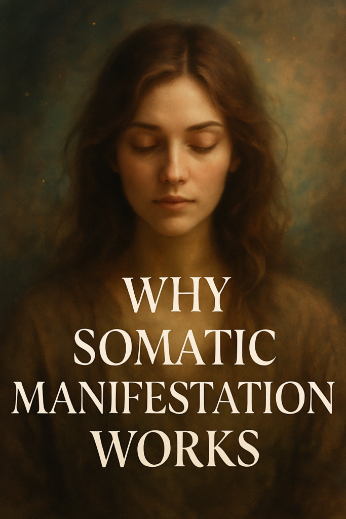 A soft, ethereal digital painting of a serene woman with long brown hair and closed eyes, set against a cosmic-toned background. Overlay text reads “Why Somatic Manifestation Works” in elegant serif font, creating a mystical and feminine visual ideal for a blog feature image.