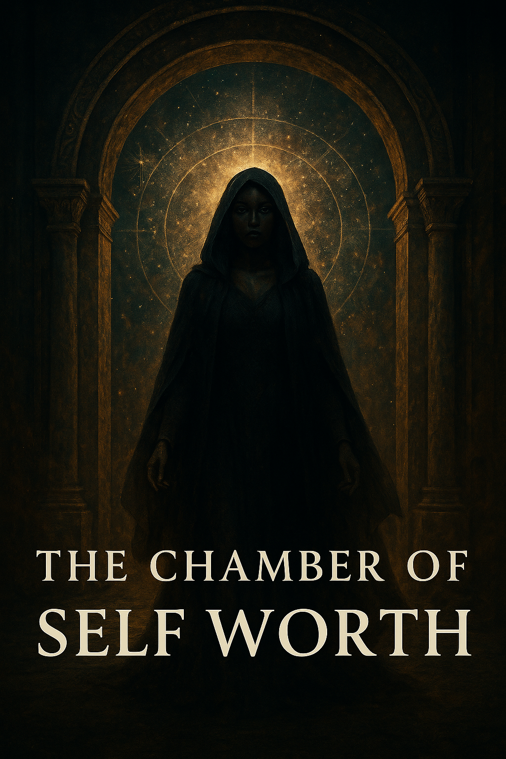 Feature image for blog post “The Chamber of Self Worth: The First Gate of the Modern Mystery School.” A glowing golden crown rests on a pedestal inside a radiant temple chamber, bathed in warm light, with cosmic stars shining faintly in the background. Text overlay reads the post title with footer “clairedaley.com.”