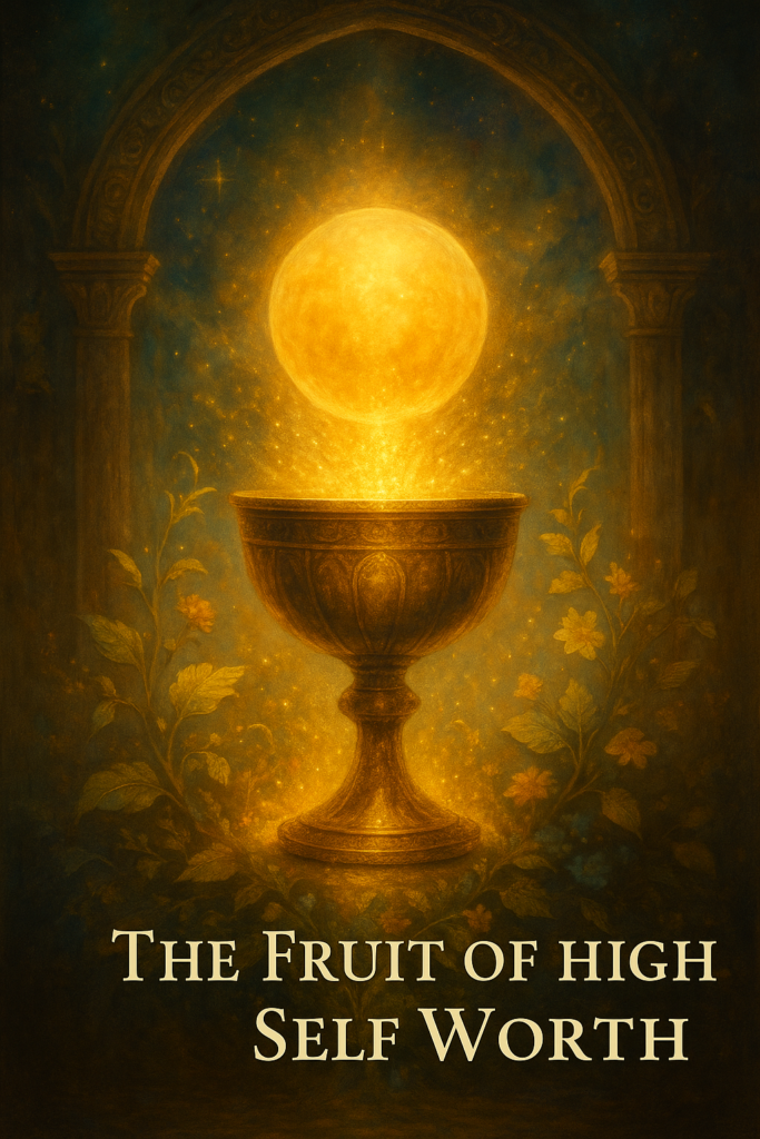 Feature image for blog post “The Fruit of High Self Worth.” A golden chalice overflows with radiant light, set beneath an ornate archway, surrounded by delicate flowers. A glowing orb rises above the chalice, symbolizing abundance, radiance, and the harvest of self worth. Text overlay displays the title with footer “clairedaley.com.”
