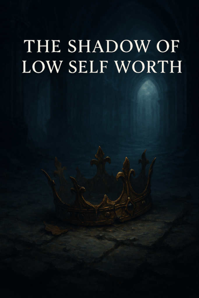 Feature image for blog post “The Shadow of Low Self Worth.” A tarnished golden crown lies askew on the cracked stone floor of a dark, ancient chamber. Dim light filters through an arched doorway in the distance, contrasting shadow with faint illumination. Text overlay displays the title with footer “clairedaley.com.”