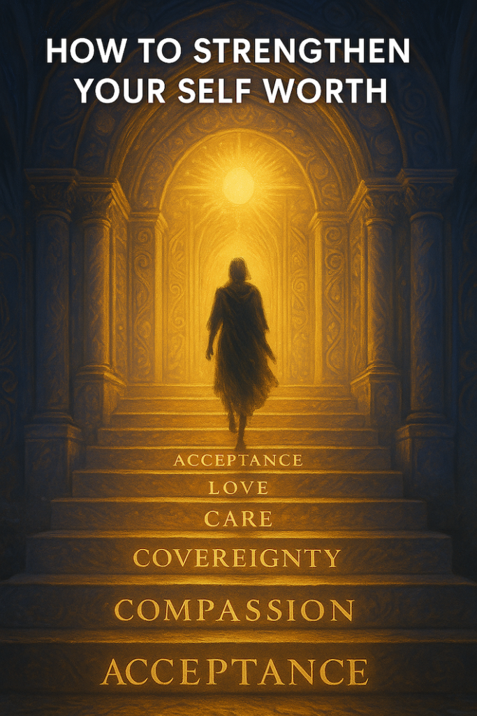 Feature image for blog post “How to Strengthen Your Self Worth.” A cloaked figure ascends glowing golden temple steps, each engraved with virtues such as compassion, love, care, sovereignty, and acceptance, toward a radiant archway of light. The title overlays in elegant serif font with footer “clairedaley.com.”