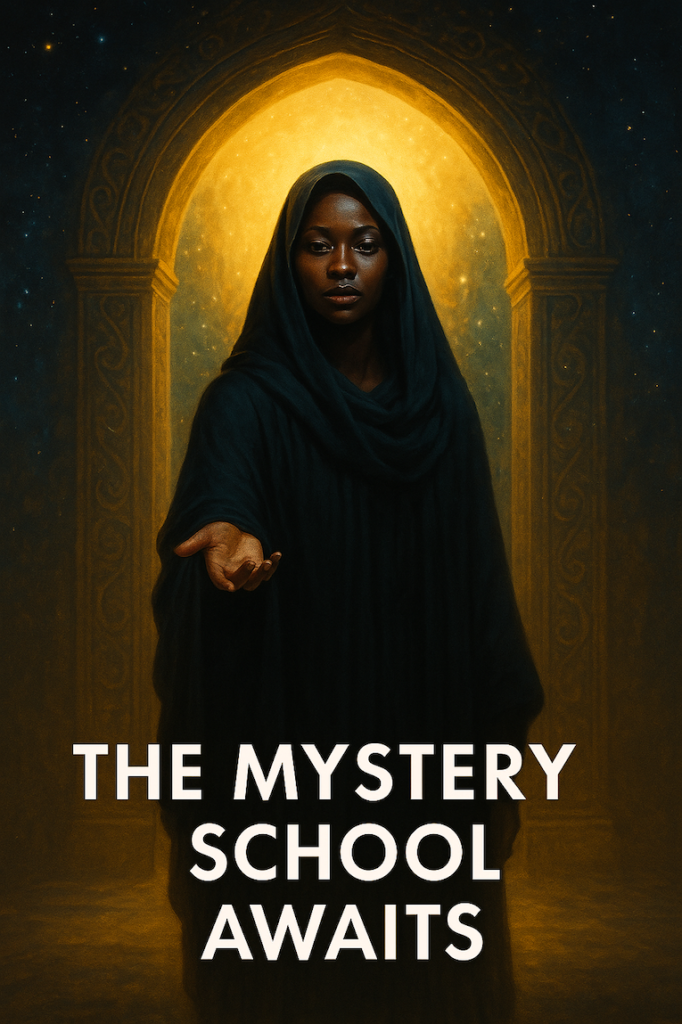 Feature image for blog post “The Mystery School Awaits.” A Black Priestess in a dark hooded cloak stands at a glowing golden archway. She extends one hand toward the viewer, as if inviting them into the radiant temple behind her. The cosmic night sky glimmers beyond. Text overlay reads the post title with footer “clairedaley.com.”