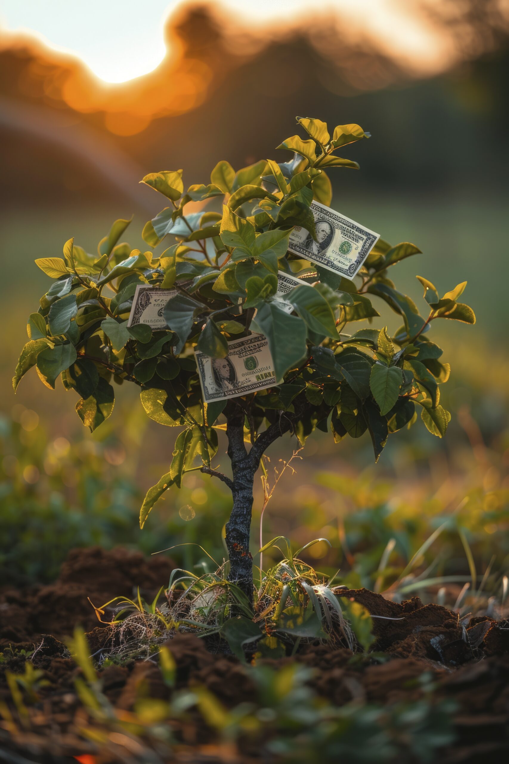 3D rendering of a money tree growing with dollar bills, symbolizing the growth and power of money affirmations in achieving financial abundanc