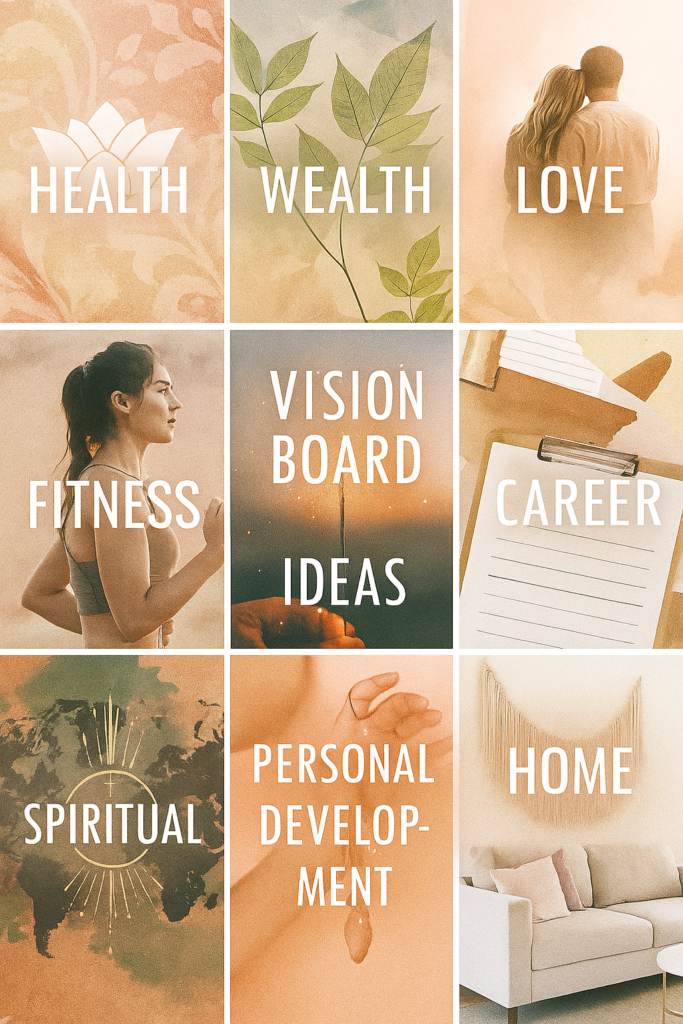 A minimalist 3x3 grid with categories like Health, Wealth, Love, and Personal Development. A clean visual for organizing vision board ideas into focused life areas.