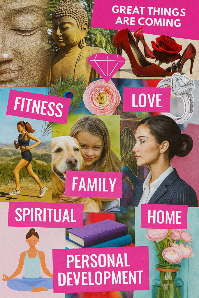 A vibrant digital collage of symbolic elements like feathers, crystals, affirmations, and spiritual icons, offering a creative interpretation of vision board ideas rooted in feminine empowerment.