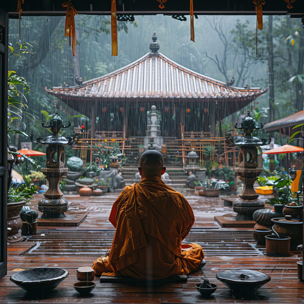 Buddhist monk sitting on a wooden bench in a Buddhist temple representing thravel and the higher self
