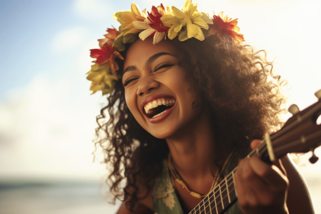 woman smiling playing guitar representing gratitude