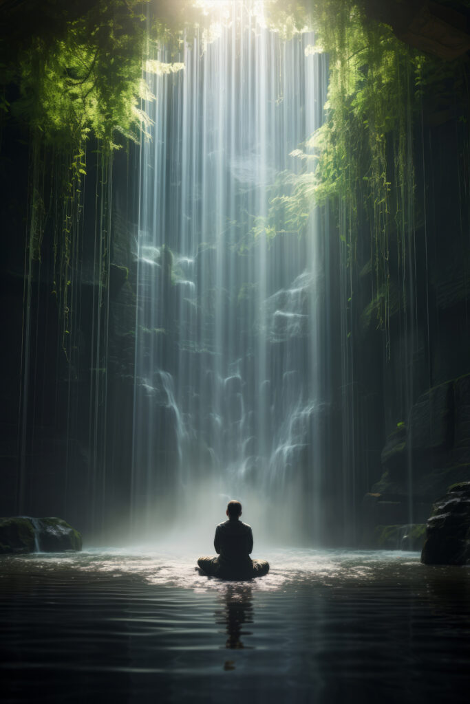 Mythical video game inspired landscape with human and waterfall representing spiritual healing