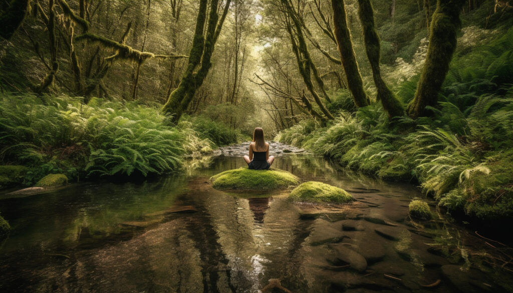 One woman sits in tranquil scene, reflecting on beauty in nature representing the higher self
