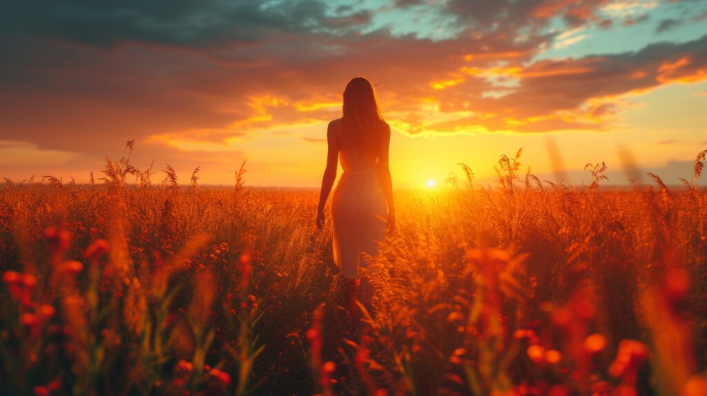woman walking through meadow during a sunset representing gratitude