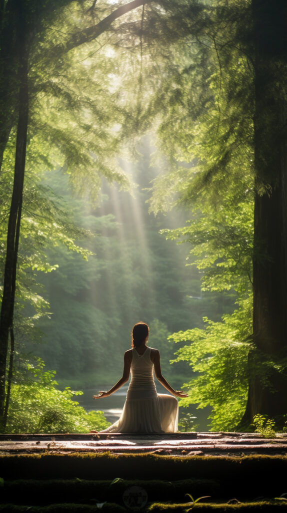 Person practicing yoga meditation outdoors in nature representing spiritual healing