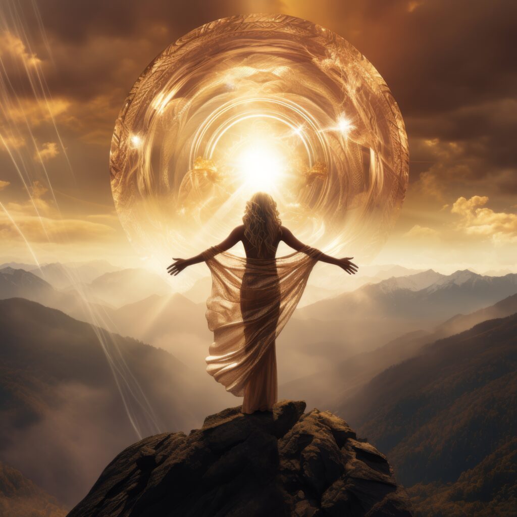 image of a woman with a mystical golden portal opening up in front of her representing spiritual awakening