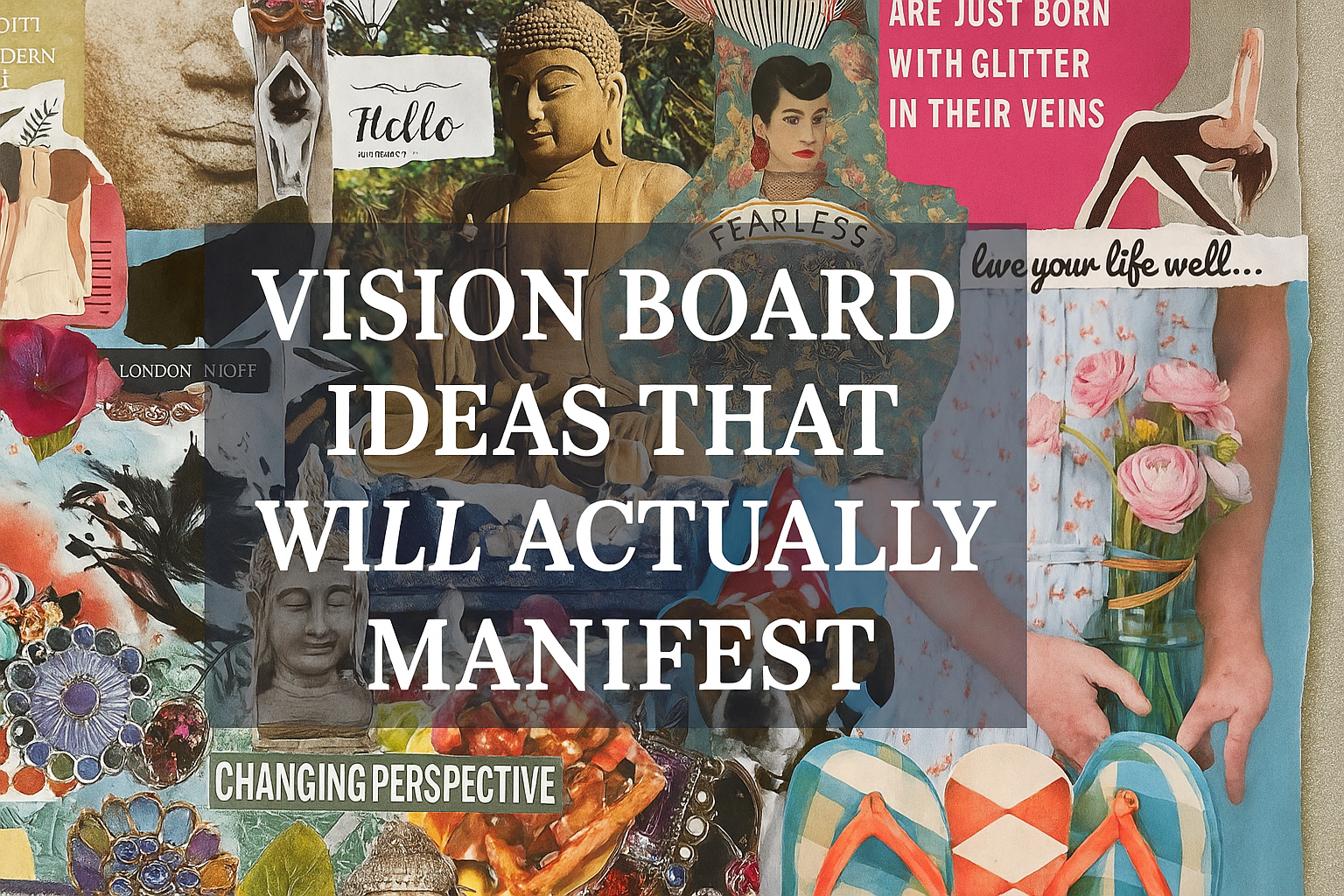 A richly detailed photo collage featuring cut-outs of Buddhas, flowers, affirmations, and lifestyle imagery, representing personal and spiritual vision board ideas with depth and personality.