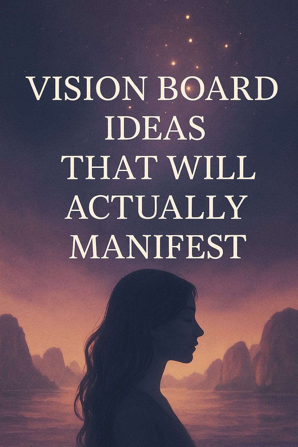 A soft, feminine digital illustration featuring a dreamy collage of vision board elements such as photos, affirmations, and celestial symbols. The background blends rose, blush, and gold tones with a glowing light near the center. Elegant serif text reads “Vision Board Ideas That Will Actually Manifest,” evoking a sense of intention, creativity, and manifestation magic.