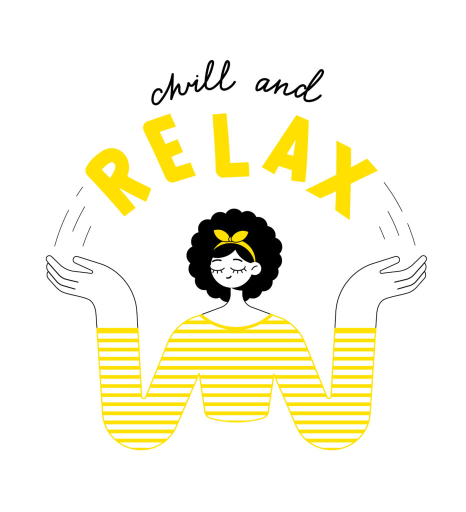 Chill and relax. A beautiful girl in a striped sweater meditates and enjoys the moment. Take care and love yourself. Stylish trendy look. Flat outline minimalism vector illustration.