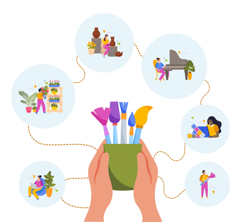 Illustration of hands holding a pot of paintbrushes, surrounded by scenes of people engaging in creative activities like gardening, pottery, playing piano, reading, and painting, symbolizing how creativity can raise your vibration