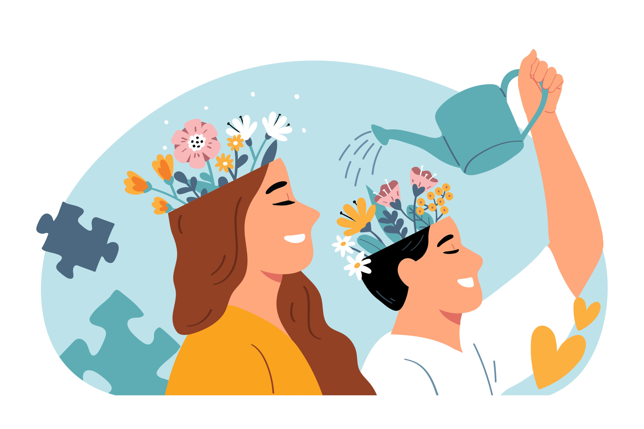 Illustration of mental health and growth: a person waters flowers growing from another person's head, symbolizing nurturing and positive mental well-being