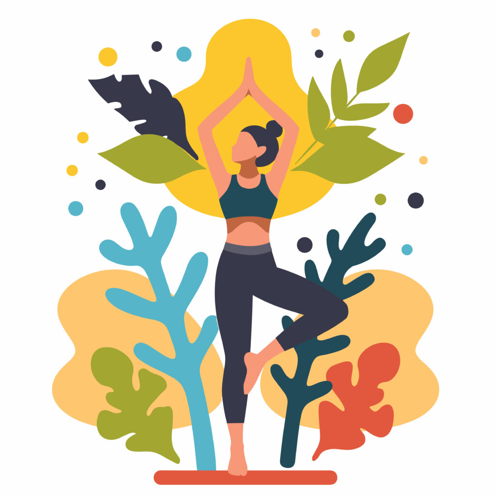 Illustration of a person practicing yoga in a tree pose surrounded by colorful leaves, symbolizing balance, harmony, and how to raise your vibration through mindfulness and nature