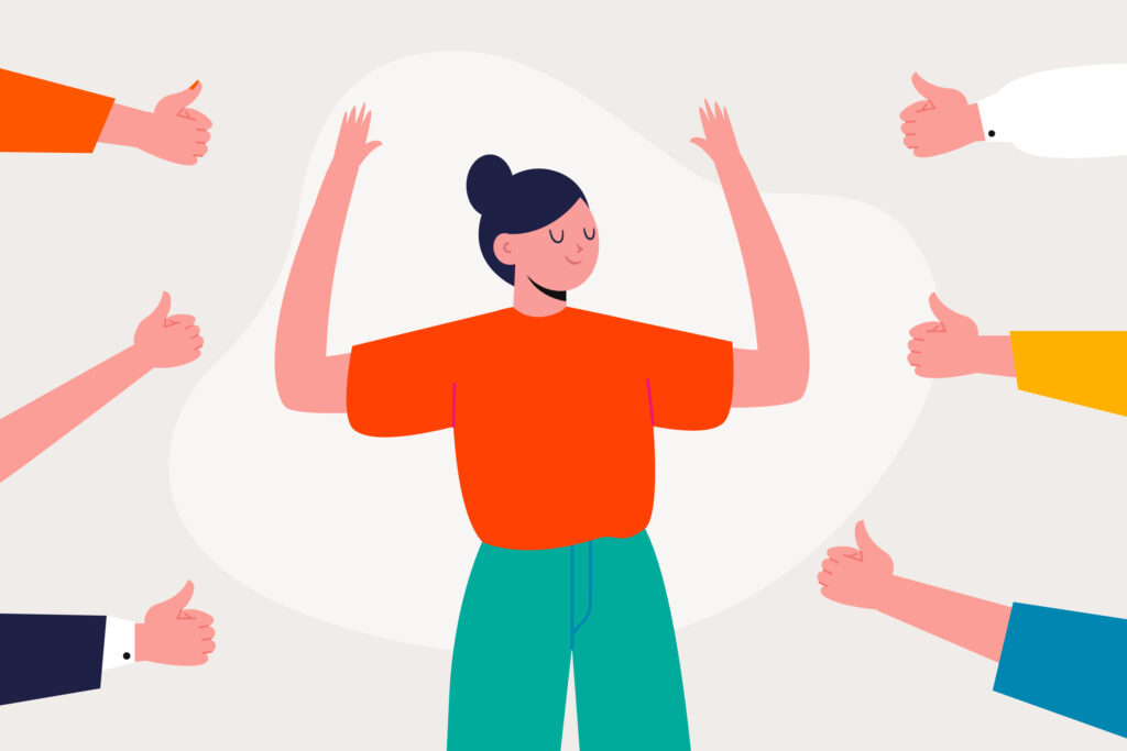 Illustration of a person with arms raised and multiple hands giving thumbs up, symbolizing positivity and the impact of raising your vibration on receiving support and appreciation