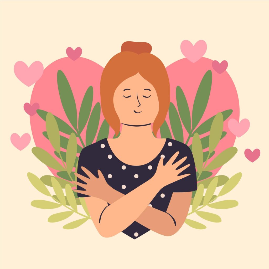 Illustration of a woman with eyes closed, hugging herself with hearts and leaves in the background, symbolizing self-love and how to raise your vibration through self-compassion