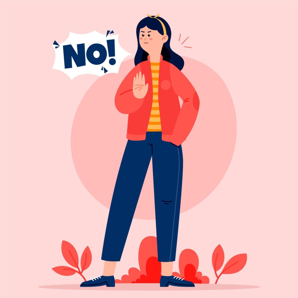 A cartoon illustration of a woman confidently saying 'No!', symbolizing the power of setting boundaries in conscious business practices