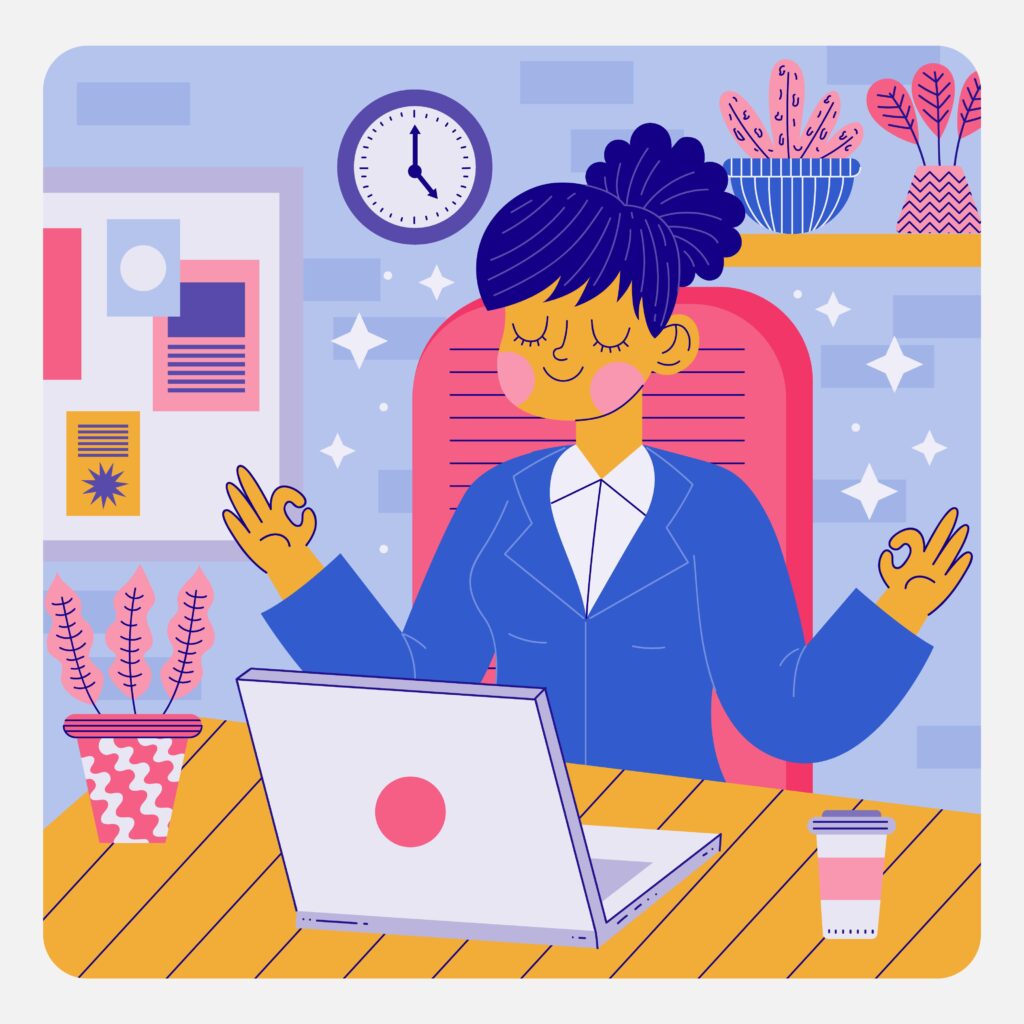 Illustration of a woman meditating at her desk, symbolizing how to raise your vibration in a work environment through mindfulness and calm