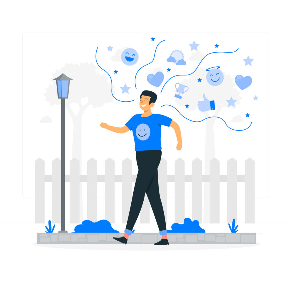 Illustration of a person walking with a smile, surrounded by positive icons like hearts and stars, symbolizing how to raise your vibration through positivity and joy.