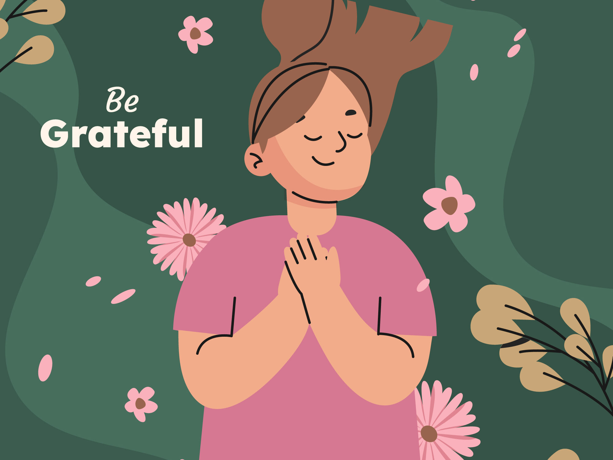 Illustration of a person with a peaceful expression, hands over heart, surrounded by flowers, with the words 'Be Grateful,' symbolizing gratitude and spiritual growth