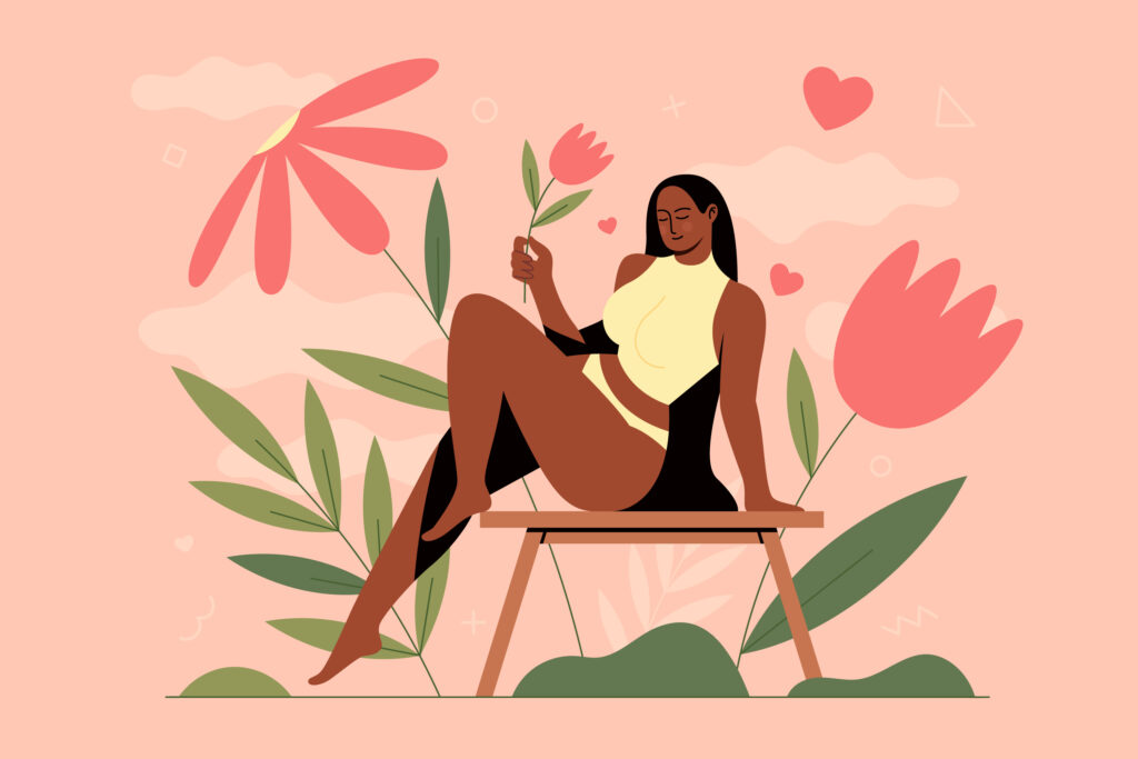 A cheerful illustration of a woman relaxing on a bench surrounded by flowers, embodying the balance and joy of integrating conscious business practices