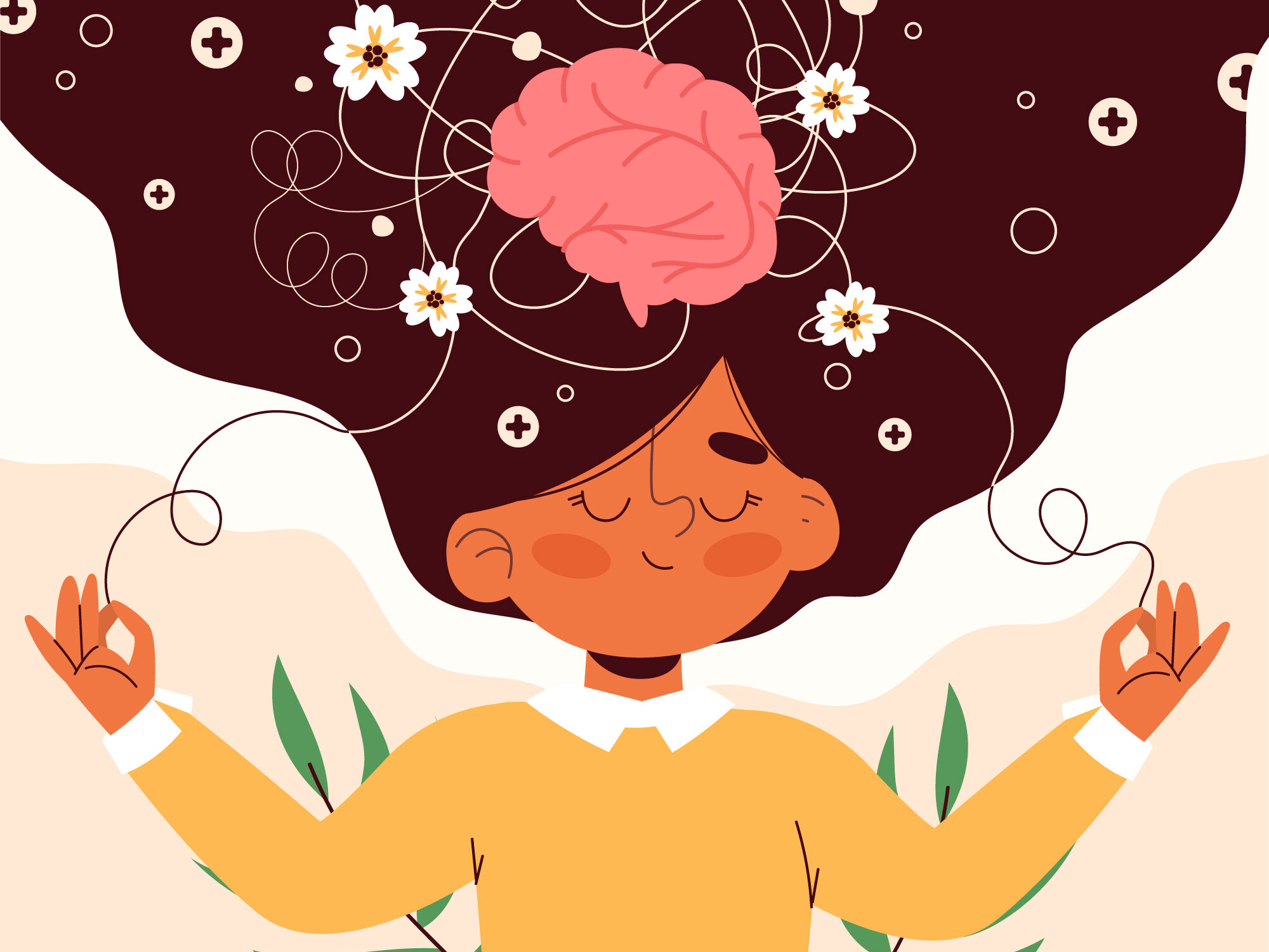 Illustration of a person meditating with a calm expression, a brain above their head, and flowers in their hair, representing spiritual growth and mental clarity