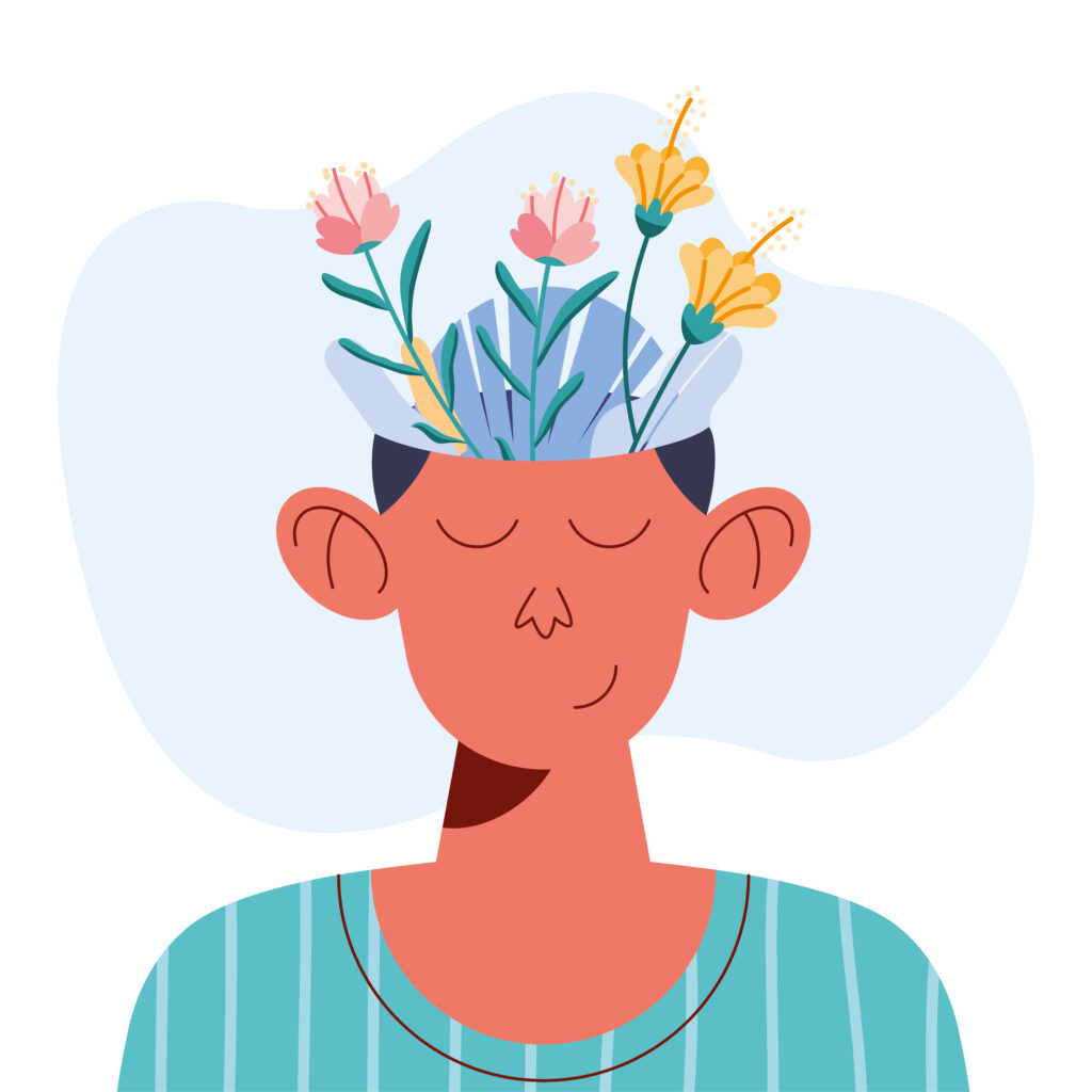 Illustration of a person with flowers growing from their head, symbolizing positive mental well-being and inner growth, a key concept in how to raise your vibration