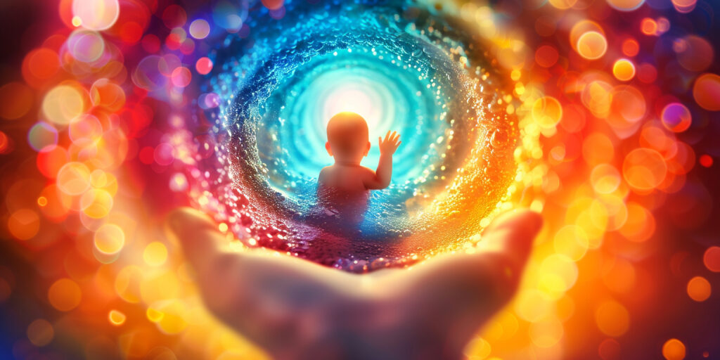 Colorful, abstract depiction of a baby surrounded by a glowing, vibrant tunnel, symbolizing the beginning of life, spiritual growth, and new beginnings