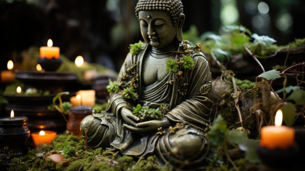 Serene Buddha statue meditating in a lush natural setting surrounded by greenery and soft candlelight, symbolizing spiritual growth and tranquility.