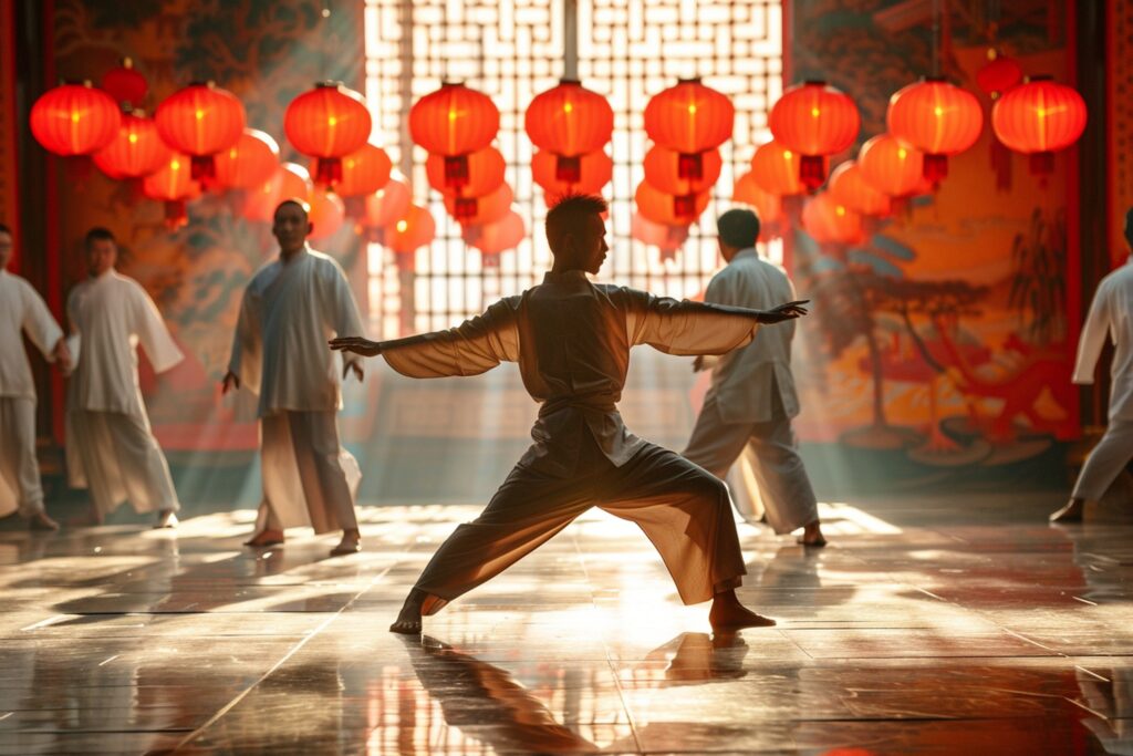 Group of people practicing Tai Chi in a beautifully decorated hall with red lanterns, symbolizing the flow of chi and spiritual growth