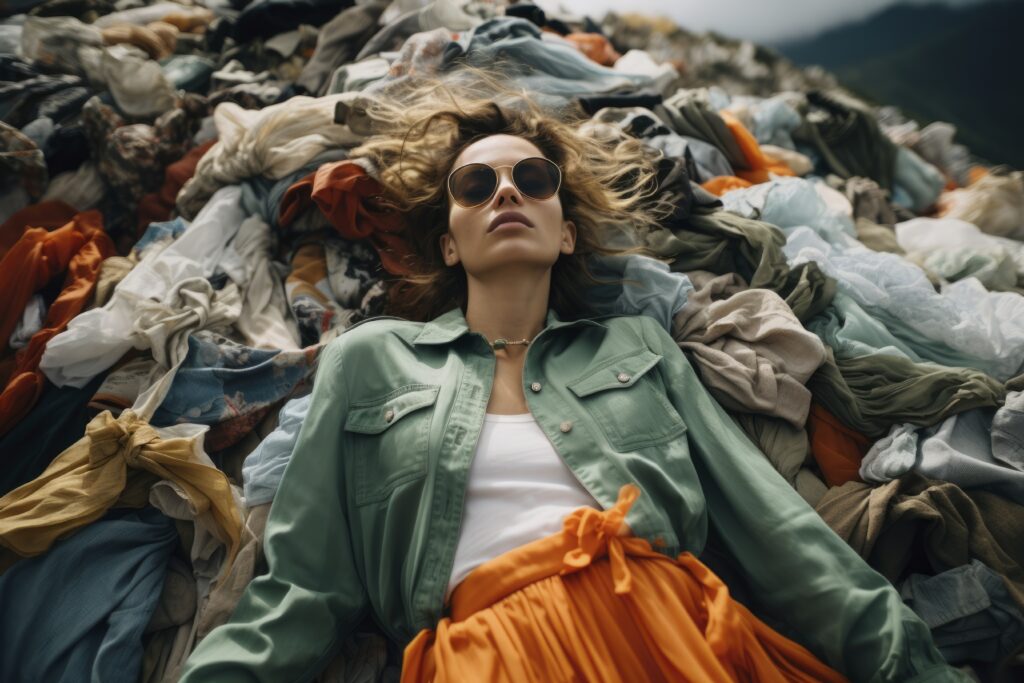 Close-up of a woman lying in front of piles of clothing, wearing sunglasses and an expression of contemplation, symbolizing the chaos and reflection during a transition phase.







