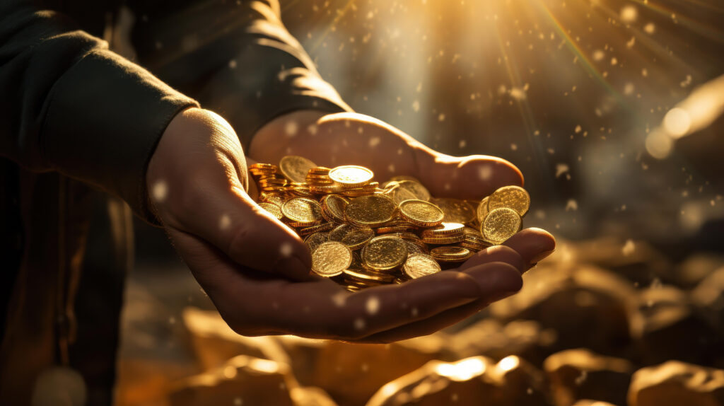 Close-up of a person's hands holding gold coins, illuminated by sunlight, symbolizing the wealth and prosperity attainable through money affirmations.