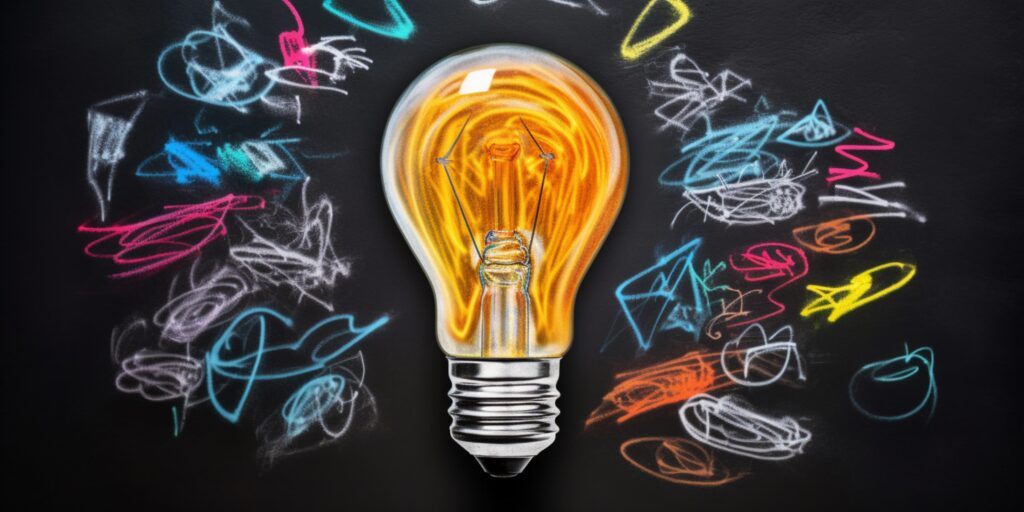 image of a lightbulb with colourful swiggles around it symbolising ideas