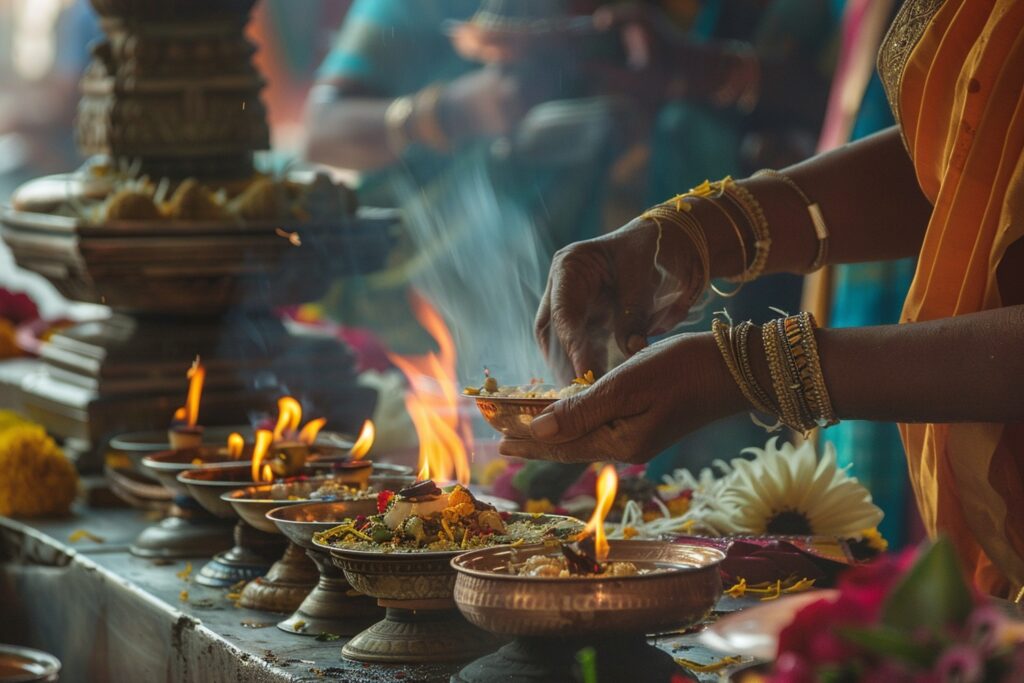  A person performing a traditional ritual with incense and candles, symbolizing devotional practices in ancient India.