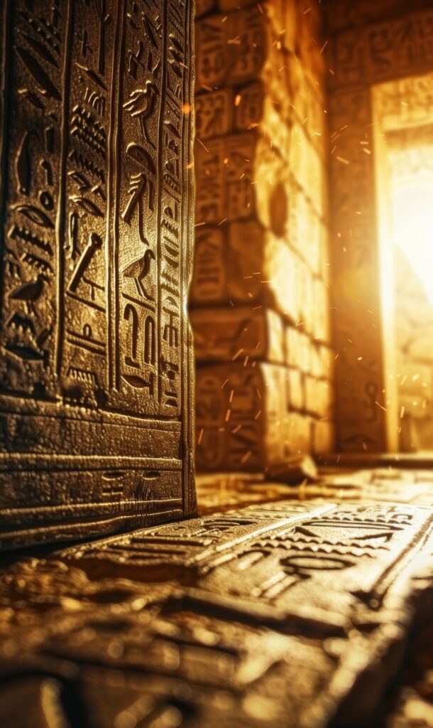 A close-up of ancient Egyptian hieroglyphs carved into a stone wall, illuminated by warm sunlight streaming through an ancient temple.