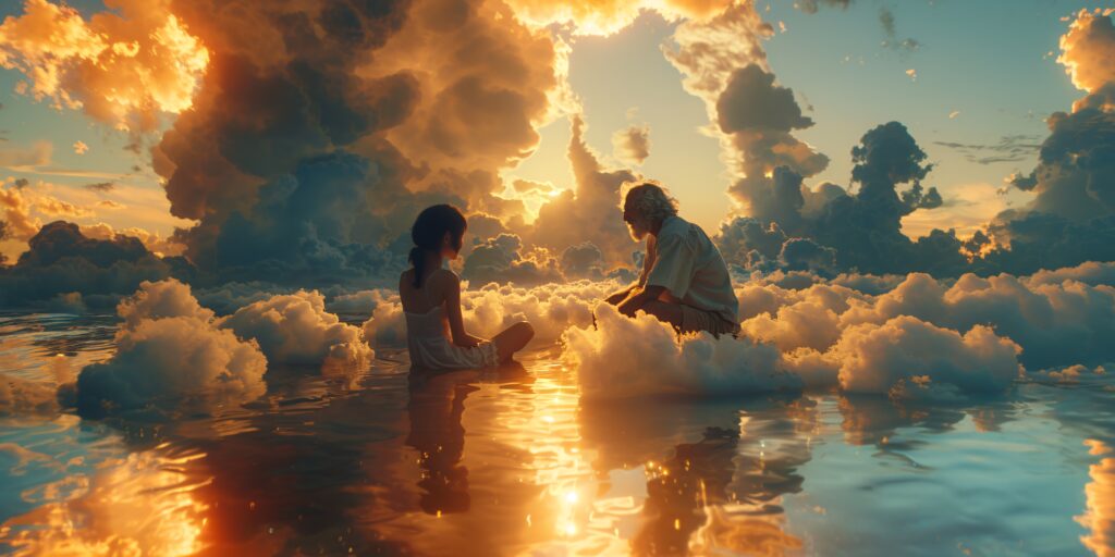 A grandparent and grandchild spending time together in a magical, fantasy environment with clouds and golden light, symbolizing the timeless connection within a soul family. How many souls are in a soul family?