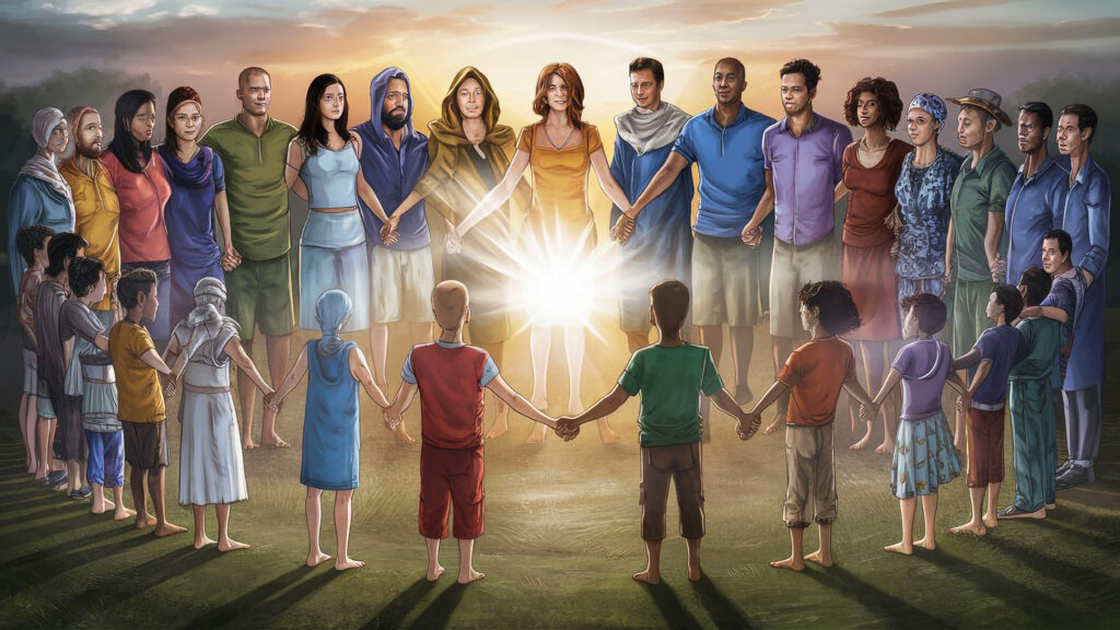  A diverse group of people holding hands in a circle with sunlight shining on them, symbolizing unity and the spiritual meaning of solar eclipse.